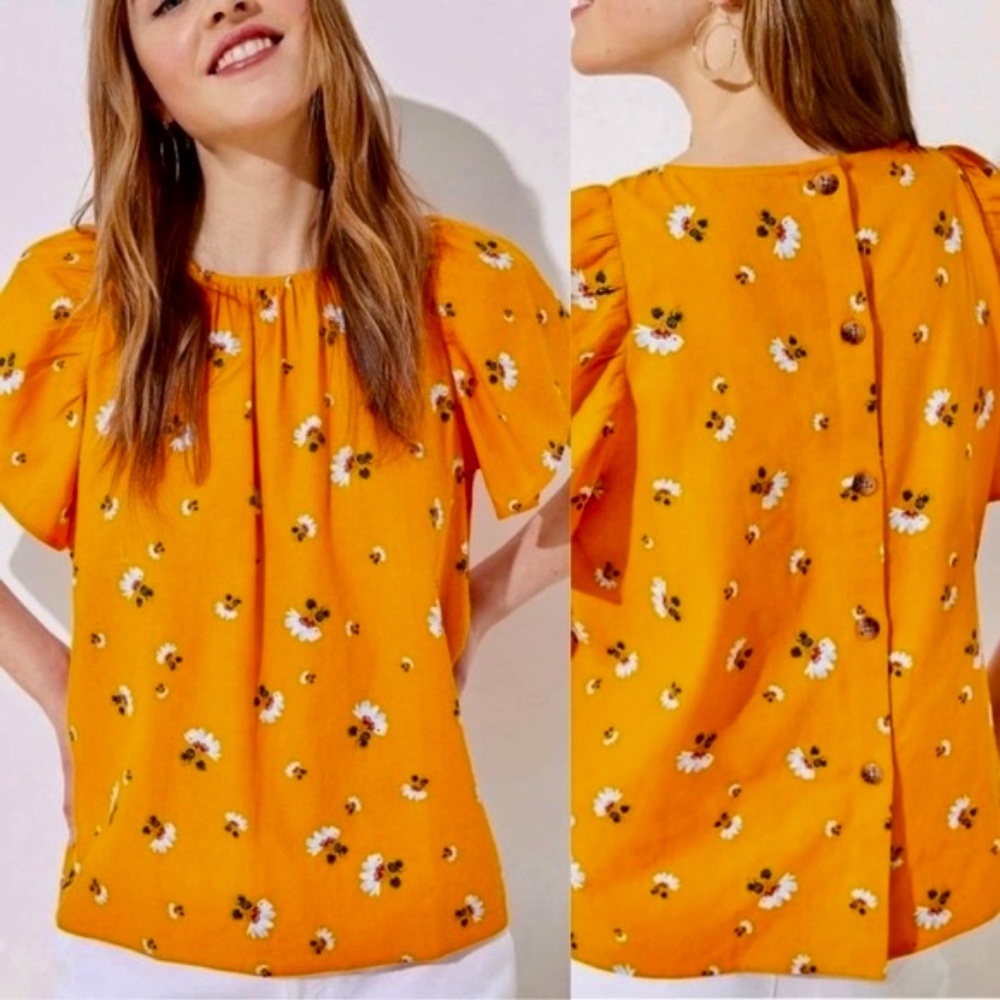 Loft Gold-Orange Top Floral 55% Linen Blend Buttons down Back Flutter Sleeves M